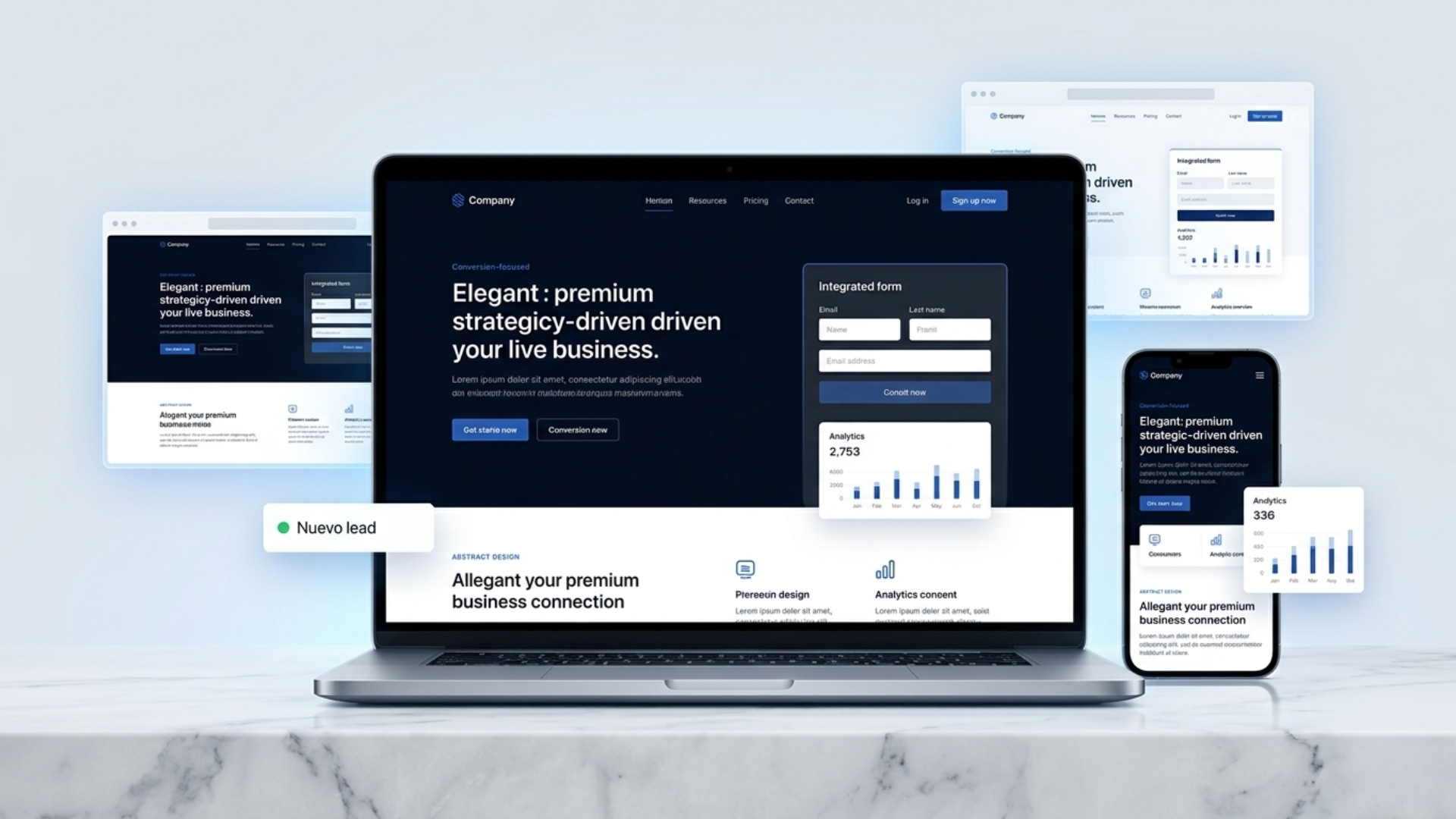 Showcase de proyecto web premium en laptop, mobile y tablet